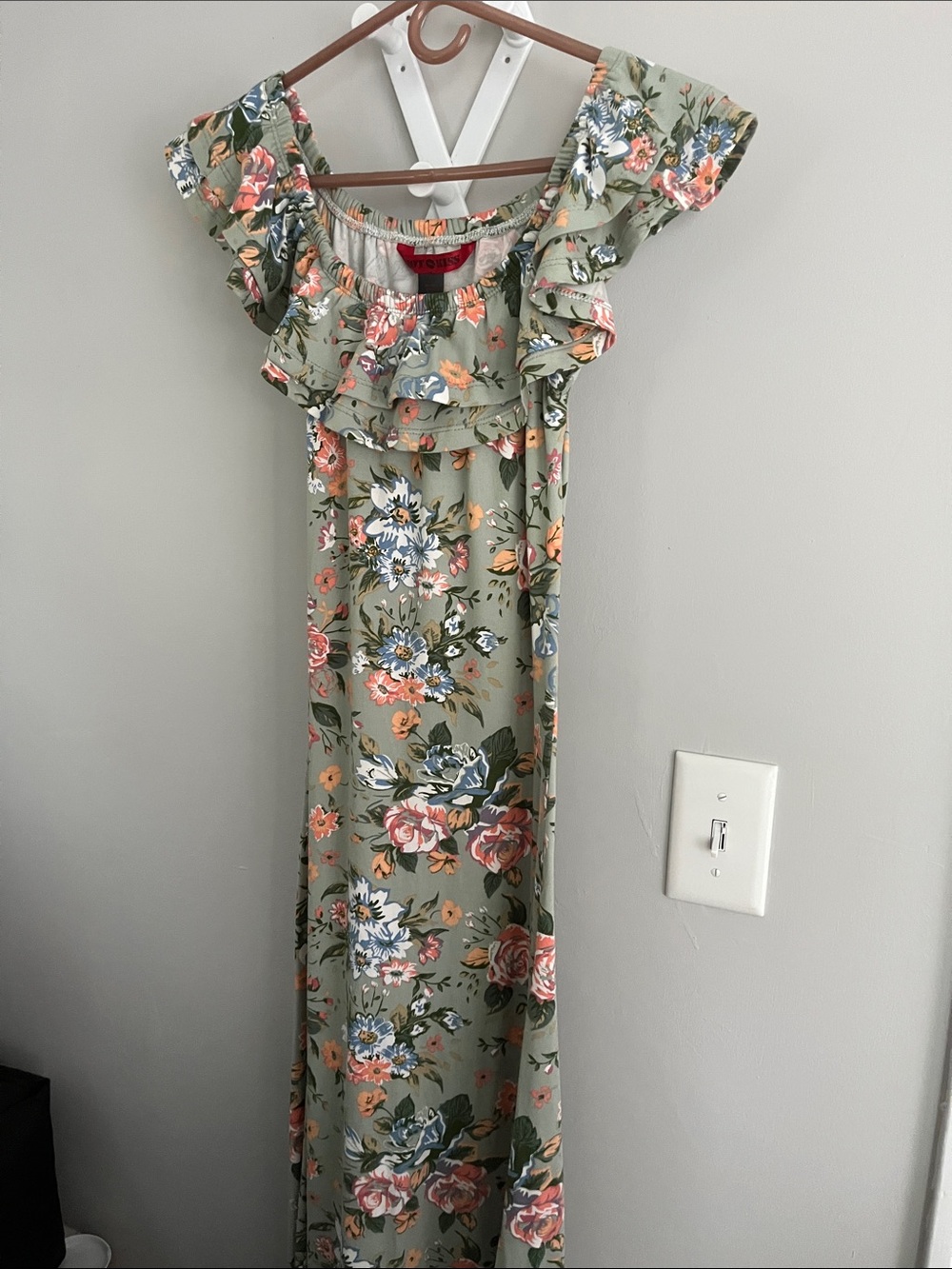 Hot Kiss Sage Green Floral Ruffle Off-Shoulder Maxi Dress